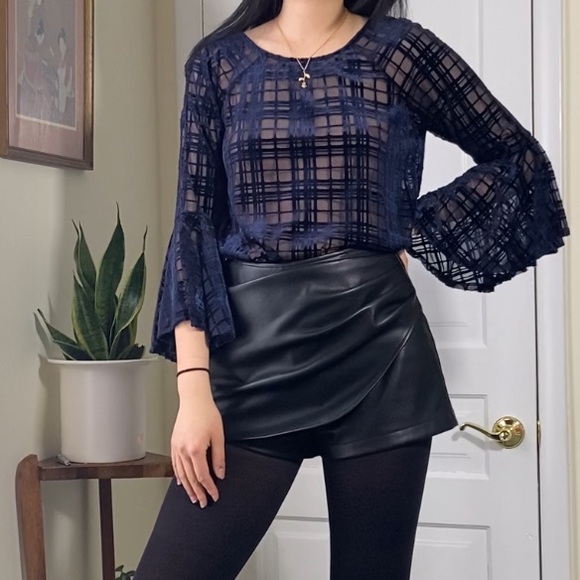 Lauren Conrad Navy Sheer Velvet Top Blouse with Bell Sleeves - Picture 3 of 13